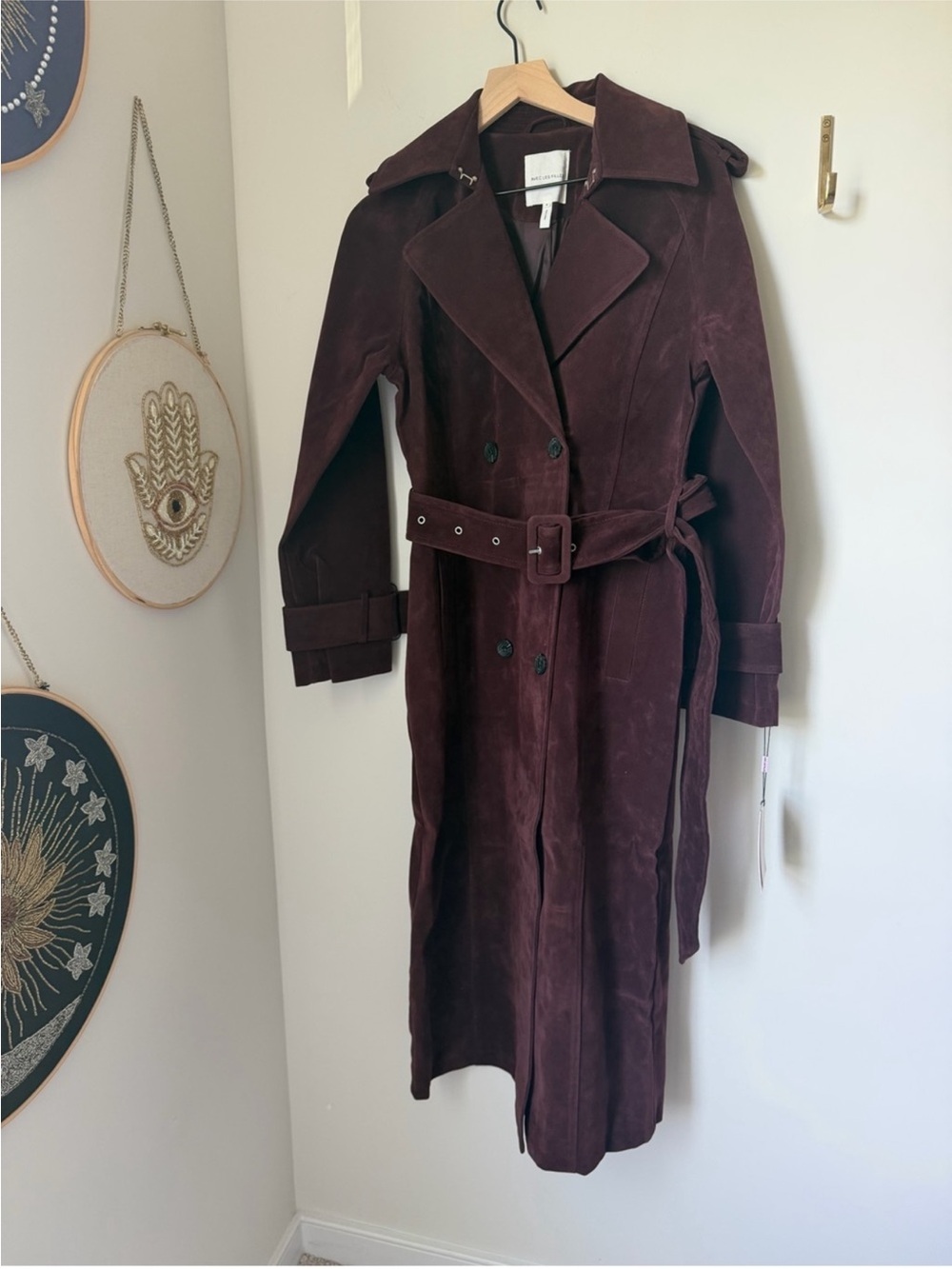 Avec Les Filles Double Breasted Faux Suede Trench Coat burgundy